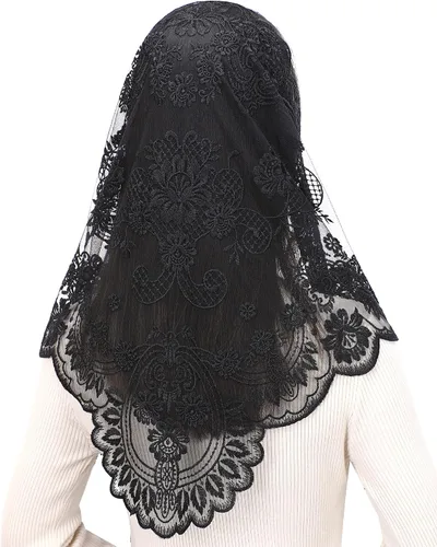 Bozidol Velos triangulares de mantilla de capilla católica bordado de camelia corta bufanda de masa latina velo de encaje de iglesia con caja de