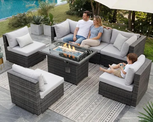 Miniatura 115 de NICESOUL Juego de muebles de patio para exteriores de 7 piezas con mesa para hoguera, gas natural y propano convertible, respaldo alto de 29.3