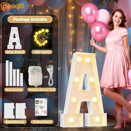 Miniatura 7 de Pooqla Letras de marquesina iluminadas de 3 pies, letras de marquesina con luz LED blanca fría y blanca cálida, letras de mosaico gigante para Letra