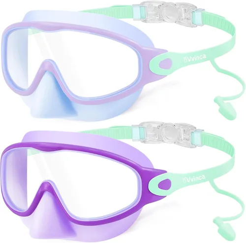Miniatura 18 de Vvinca Gafas de natación para niños, con tapones para los oídos y clip para la nariz, visión amplia, antivaho y UV, para niños y niñas de 3 a 15 años