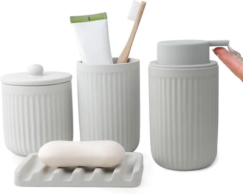 Miniatura 12 de BosilunLife Juego de accesorios de baño, juego de cerámica para decoración de baño, dispensador de jabón de espuma y soporte para cepillos