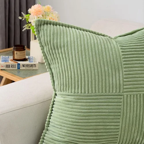 Miniatura 2 de HAUSSY Juego de 2 fundas de almohada decorativas de color verde salvia de 24 x 24 pulgadas, fundas de cojín de pana rayada suave y sólida, fundas