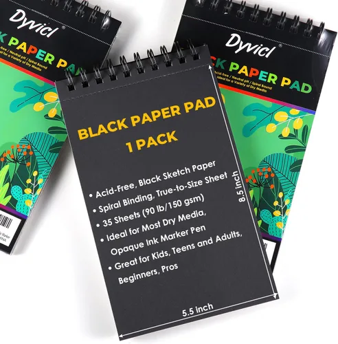 Miniatura 2 de Dyvicl Cuaderno de bocetos profesional de papel negro de 5.5 x 8.5 pulgadas, 35 hojas de papel de dibujo pesado de 150 GSM para bolígrafos de gel