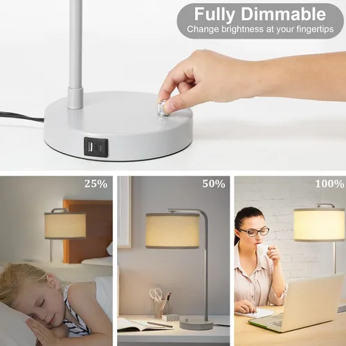 Miniatura 5 de Lámpara de mesa con puertos USB C+A, lámpara de mesita de noche completamente regulable para sala de estar, lámpara de cabecera moderna gris