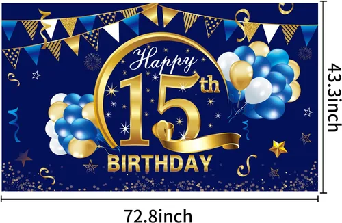 Miniatura 2 de Cartel de cumpleaños número 15 azul dorado para niños, suministros de fiesta de telón de fondo, letrero de fondo para fotos de cumpleaños de 15 años