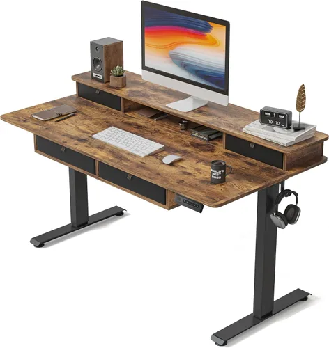 Miniatura 15 de FEZIBO Escritorio de pie de 48 x 24 pulgadas con altura ajustable, escritorio eléctrico de pie con doble cajón, escritorio de oficina en casa con 4