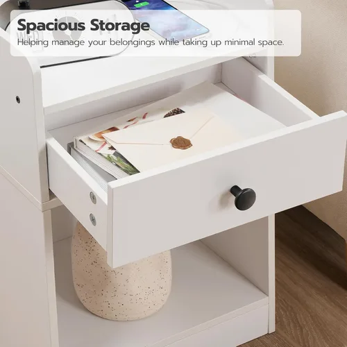 Miniatura 6 de HOOBRO Mesita de noche con estación de carga, mesa auxiliar con cajón y estante de apertura, mesita de noche con puertos USB y tomas, mesita