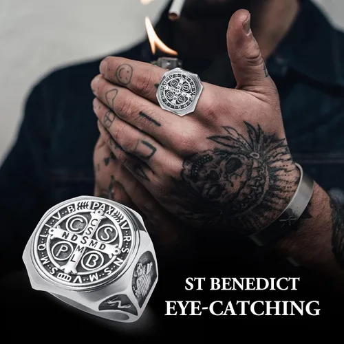 Miniatura 2 de SOBHART St Christopher George Benedict - Anillo de amuleto religioso de acero inoxidable para hombre, tamaño 8910111213
