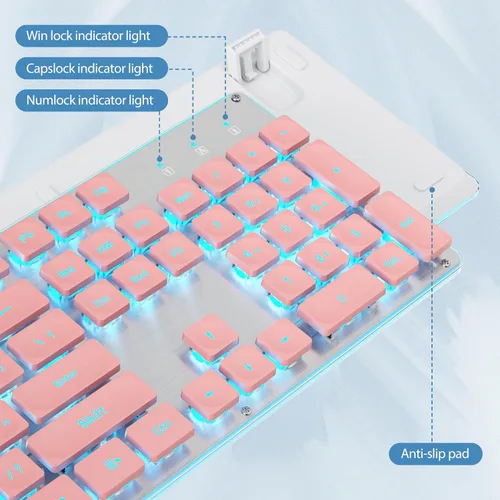 Miniatura 3 de Teclado retro punk de 104 teclas, máquina de escribir de tamaño completo, teclado rosa con tapa cuadrada y retroiluminación LED azul, membrana Rosado