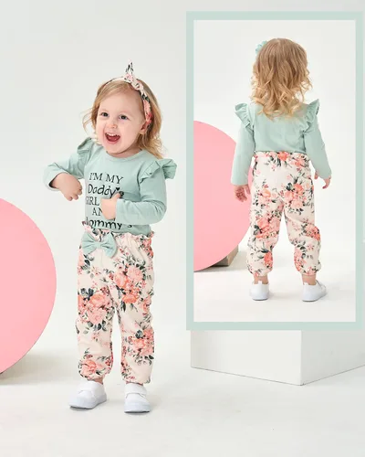 Miniatura 64 de SUNNY PIGGY Ropa para bebé recién nacida, con volantes, mameluco de algodón floral, conjunto de pantalones de algodón para niñas