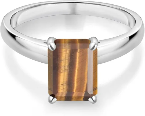 Miniatura 2 de Gem Stone King Anillo de oro blanco de 10 quilates de ojo de tigre marrón de corte esmeralda de 2.00 quilates
