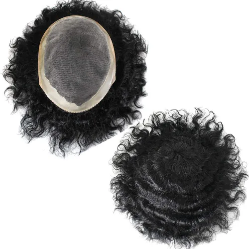 LYRICAL Hair rizado ondulado Toupee para hombres negro cabello humano fino mono postizo poli piel NPU alrededor de sistemas de cabello reemplazos #