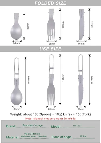 Miniatura 3 de Boundless Voyage Juego de cubiertos de titanio Portabel ultraligero plegable con cuchara, tenedor, cuchillo, cubiertos para uso doméstico, viajes al