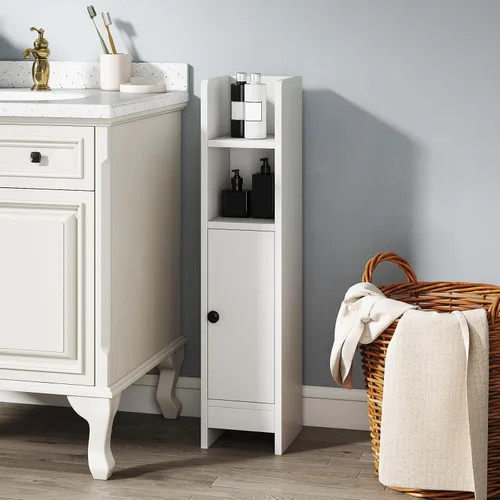 Miniatura 4 de Tangkula Armario de almacenamiento de baño pequeño, gabinete de piso de esquina delgado estrecho con estante ajustable y 2 estantes abiertos, Blanco