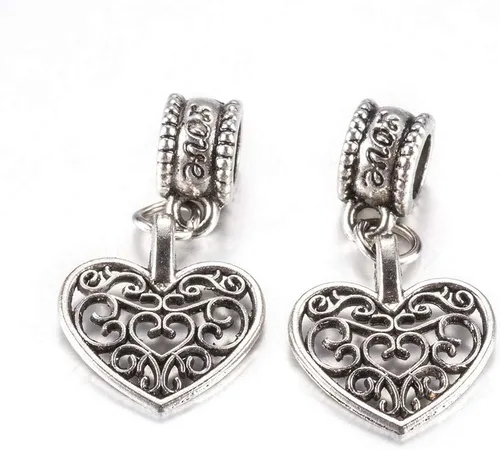 MegaPet 10 piezas estilo tibetano de aleación de plata envejecida, cuentas colgantes europeas, corazón hueco para mascotas collar collar accesorios