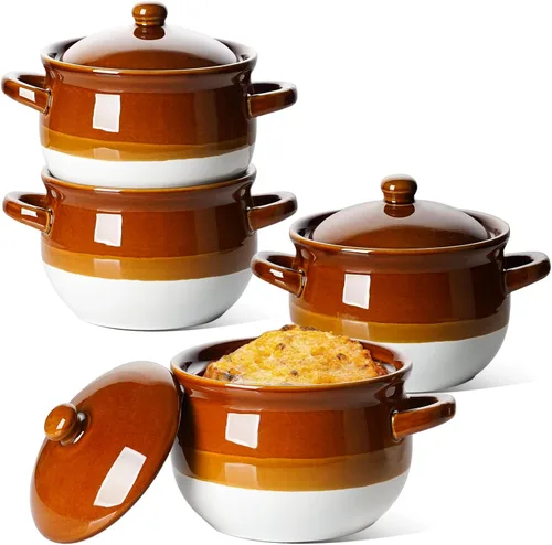 LE TAUCI Tazones de sopa de cebolla francesa con tapa, 22 onzas, tazones de sopa de cebolla francesa, aptos para horno, cuencos de sopa de cerámica