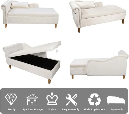 Miniatura 7 de Setawix Tumbona de terciopelo para interiores con almacenamiento para sala de estar, dormitorio, oficina, banco otomano con brazo enrollado, banco