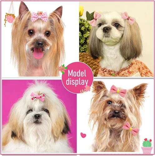 Miniatura 2 de 20 piezas de lazos pequeños de color rosa claro para el pelo de perros con bandas de goma, moño de bola de flores con nudo superior para accesorios