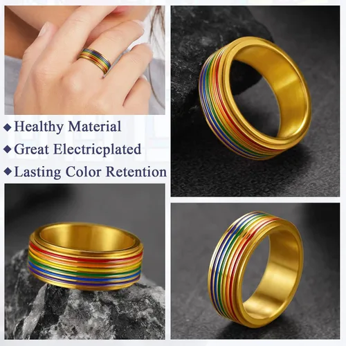 Miniatura 4 de FaithHeart LGBT - Anillos para ansiedad con diseño de arcoíris, acero inoxidableoro de 18 quilates chapado en oro de 18 quilates, joyería
