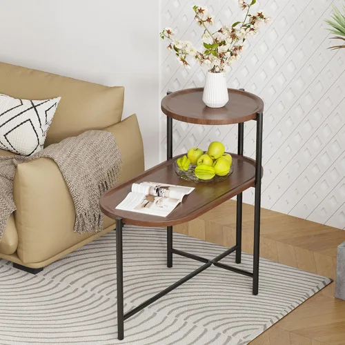 Miniatura 10 de Mesa auxiliar moderna de 2 niveles con estante tejido, mesa auxiliar pequeña bohemia para sala de estar, sofá, patio, oficina en casa, mesa Nogal_2