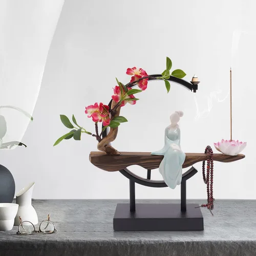 Miniatura 7 de Portaincienso de flujo inverso con luz LED y Begonia, quemador de incienso de estilo chino de cerámica para mujer, perfecto para relajarse