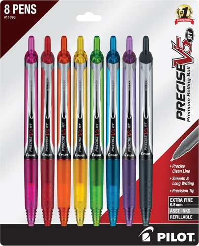Pilot Precise V5 RT - Bolígrafos recargables y retráctiles, punta extrafina, 0.020 in, vibrantes, paquete de 8, ideales para la escuela, diario y