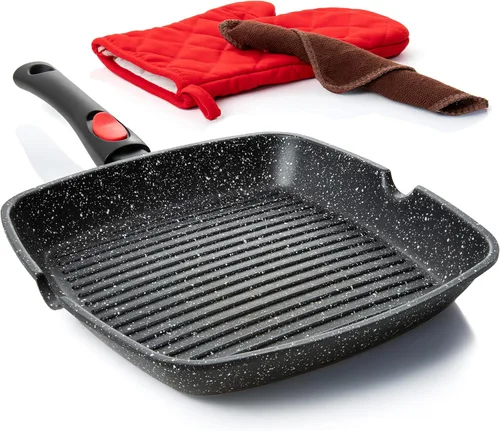 Miniatura 11 de Moss & Stone Sartén Parrilla Antiadherente de Aluminio para Estufas, Sartén Parrilla Versátil con Picos Vertedores, Sartén Parrilla Cuadrada de 11