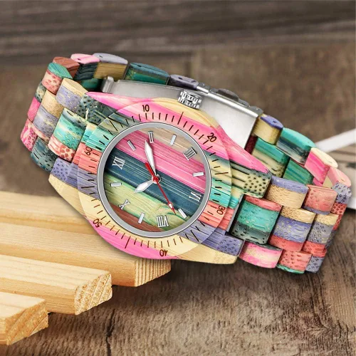 Miniatura 5 de Tiong Reloj de madera para mujer con correa de madera, cuarzo analógico, diseño clásico, colorido reloj de pulsera de bambú para damas, parejas..