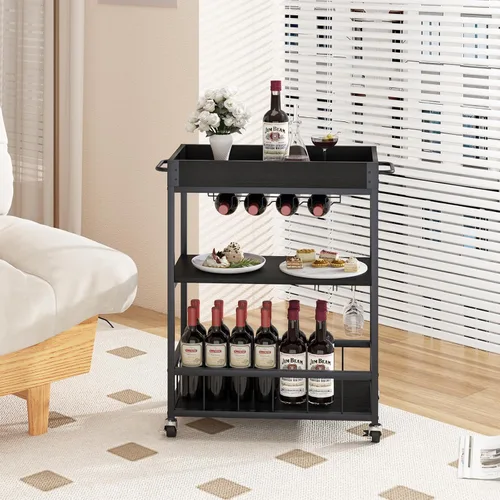 Miniatura 5 de Carro de servicio para bar con soporte para vino de 3 niveles, carrito móvil para el hogar, con ruedas, carrito de cocina industrial