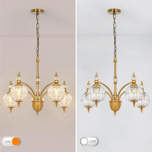 Miniatura 5 de Candelabro vintage de latón – Lámpara de comedor de altura ajustable con vidrio soplado hecho a mano – Base E26 de 5 luces, ideal para cocina