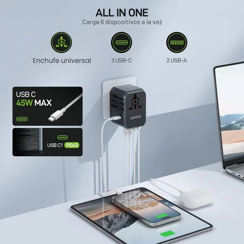 Miniatura 3 de EPICKA Adaptador de viaje universal GaN 45W, adaptador de enchufe de viaje europeo con carga rápida PD&QC (2 puertos USB-A y 3 puertos USB-C)