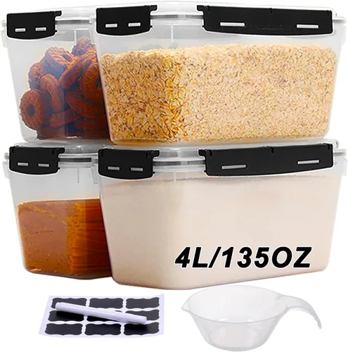 Contenedor de almacenamiento de alimentos sellados rectangulares gruesos, juego de 4 litros/135 onzas, contenedor de almacenamiento para crujientes