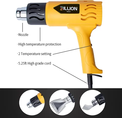 Miniatura 4 de Pistola de calor, pistola de aire caliente BILLION GOLD de 1800 W, 752 ℉ a 1112 ℉ con 2 ajustes de temperatura, pistola de calor para manualidades