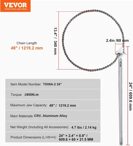 Miniatura 7 de VEVOR Llave de cadena, llave de tubo de cadena de 48 pulgadas, capacidad de 13.4 pulgadas de diámetro, llave de herramienta de montaje de tubería