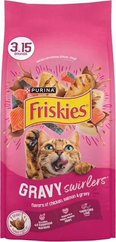 Purina Friskies - Remolinos de salsa con sabores de pollo, salmón y salsa, comida seca para gatos, bolsa de 3.15 libras