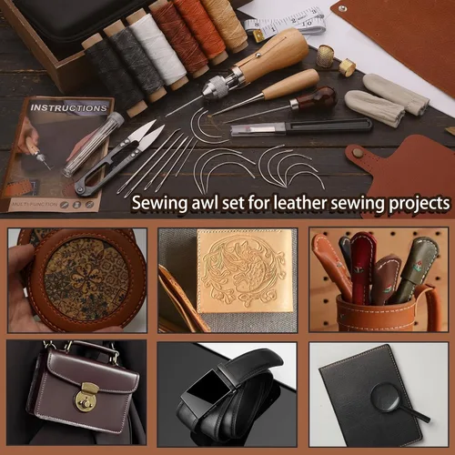 Miniatura 3 de Kit de punzón de costura, herramienta portátil, hilo de coser de cuero, kit de hilo encerado para manualidades de reparación de costura de cuero