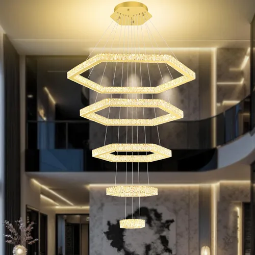 Miniatura 4 de Lámpara de araña moderna de 5 anillos de oro larga de cristal para techo alto, forma de altura ajustable, regulable 8 pulgadas + 16 pulgadas + 24