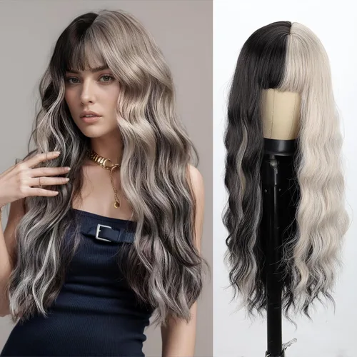 Miniatura 13 de Peluca larga de color rubio ceniza con flequillo, pelucas onduladas y rizadas gris rubio de aspecto natural, peluca de fibra sintética resistente al