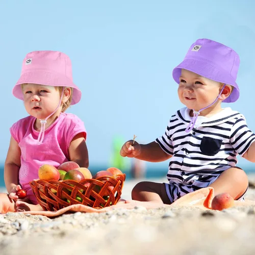 Miniatura 4 de Cooraby Paquete de 4 sombreros de sol para bebé, transpirable, con sonrisa, sombrero de cubo protector solar para bebé, gorra ajustable para bebé