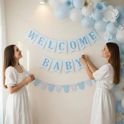Miniatura 2 de Cartel de baby shower para bebé, 2 piezas preencordadas de tela de bienvenida a cuadros azules para bebé y cuerpo, para decoración de fiesta de baby