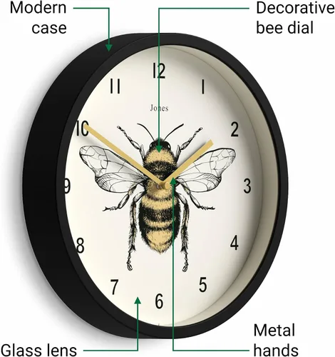 Miniatura 5 de JONES CLOCKS® Reloj de pared de abeja Pequeño reloj moderno con ilustración de abeja 10 pulgadas Negro Diseño decorativo para cocina, sala