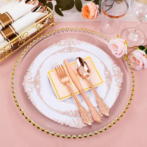 Miniatura 4 de Hioasis 350 platos de plástico color oro rosa, elegante juego de vajilla desechable adecuado para 50 invitados, incluye platos de cena de 10.25