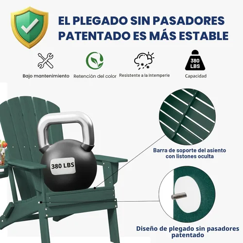 Miniatura 7 de Plawdlik Silla plegable Adirondack, probada por SGS, con textura de madera y portavasos, resistente a todo tipo de clima, cómoda para piscina, patio