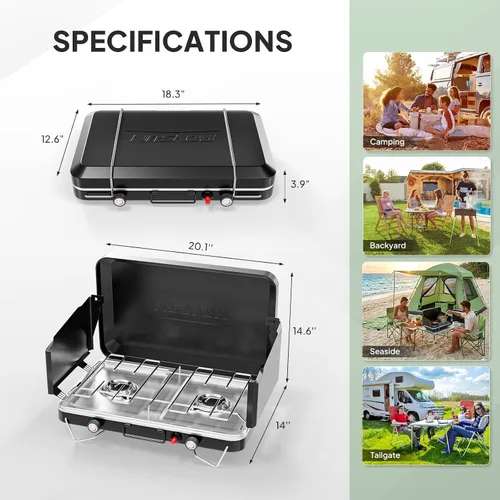Miniatura 6 de ROVSUN Estufa de camping portátil de 2 quemadores con encendedor, estufa de campamento de propano de 20000 BTU con adaptador, mango integrado