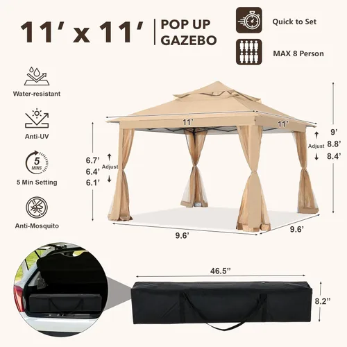 Miniatura 2 de COOSHADE Tienda de campaña para kiosco fácil de desplegar de 11 x 11 pies, refugio instantáneo al aire libre con paredes de mosquitera (caqui)