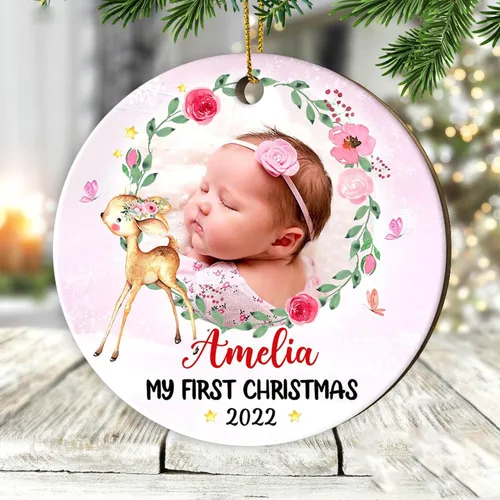 Miniatura 24 de GODLOVER Foto personalizada de bebé con adorno de Navidad de dinosaurio, plano impreso en 2D, adornos de Navidad, regalos de familia, regalo Estilo 1