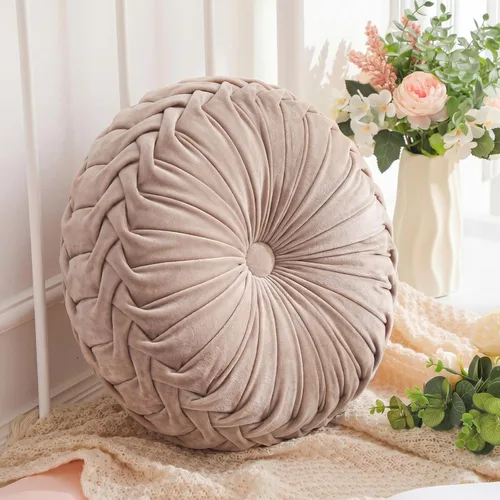 Miniatura 8 de Drydiet 3 Piezas Almohadas Redondas Decorativas de Terciopelo Plisado Almohadas de 15'' de Diámetro Acento Calabaza Boho Cojín de Silla para Sofá