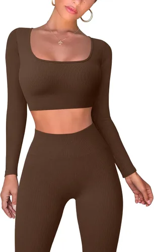 OQQ Conjuntos de entrenamiento para mujer 2 piezas acanalados de manga larga leggings de cintura alta conjunto de yoga activo