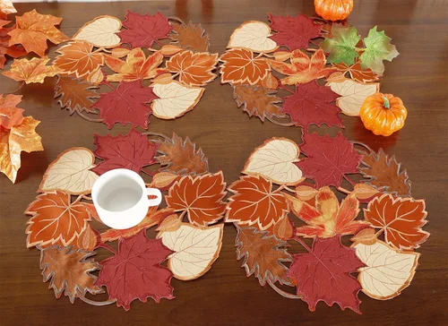 Miniatura 5 de Juego de 4 manteles individuales de otoño de 14 pulgadas con apliques bordados de hojas de arce bordadas para el hogar, cena, vacaciones, cosecha