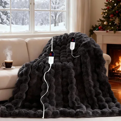 Miniatura 10 de Manta Eléctrica, Suave Manta Térmica de Piel Sintética de Conejo Burbuja con Control Dual, 6 Niveles de Calefacción y 4 Horas de Apagado Automático